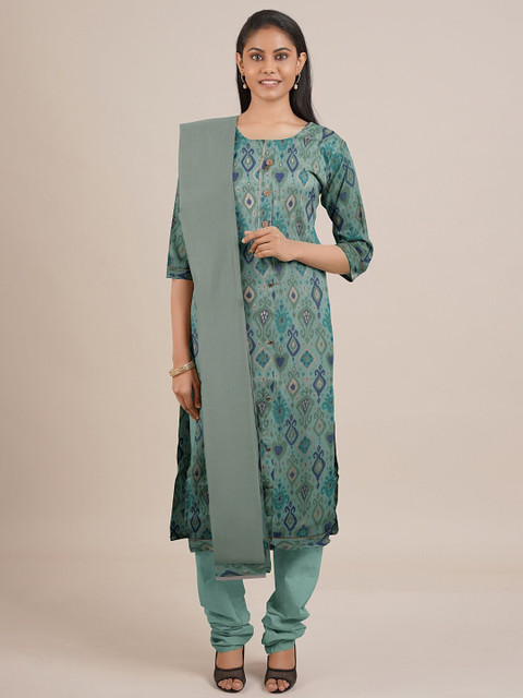 

Pothys Green Printed Unstitched Dress Material