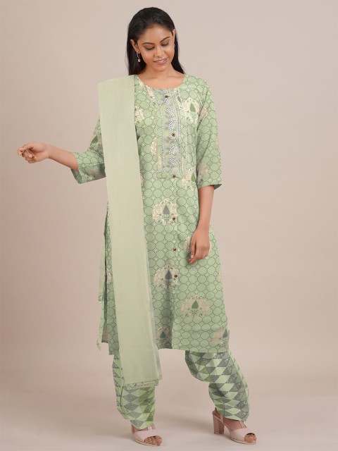 

Pothys Green Printed Unstitched Dress Material
