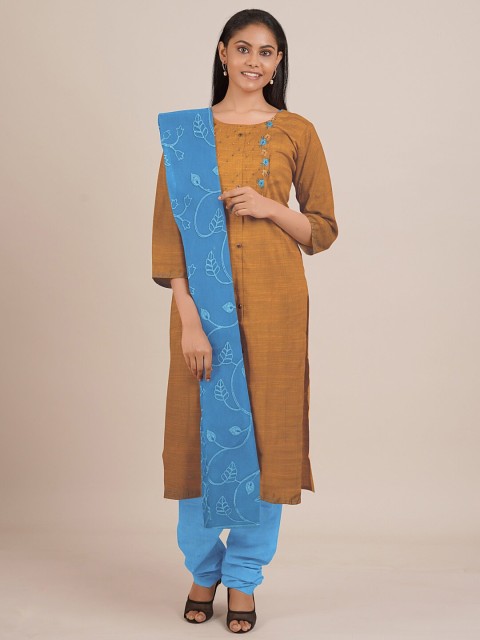

Pothys Mustard & Blue Embroidered Unstitched Dress Material