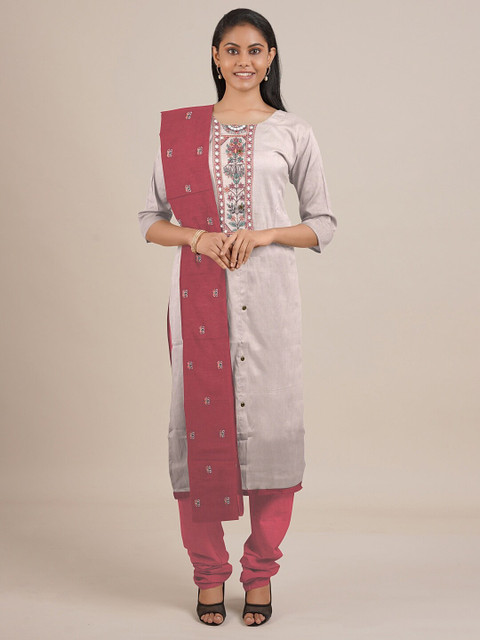 

Pothys Off White & Pink Embroidered Unstitched Dress Material