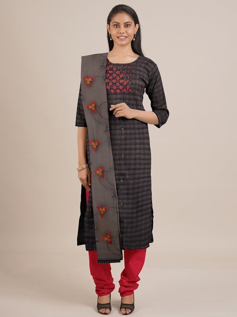 

Pothys Grey & Red Printed Unstitched Dress Material