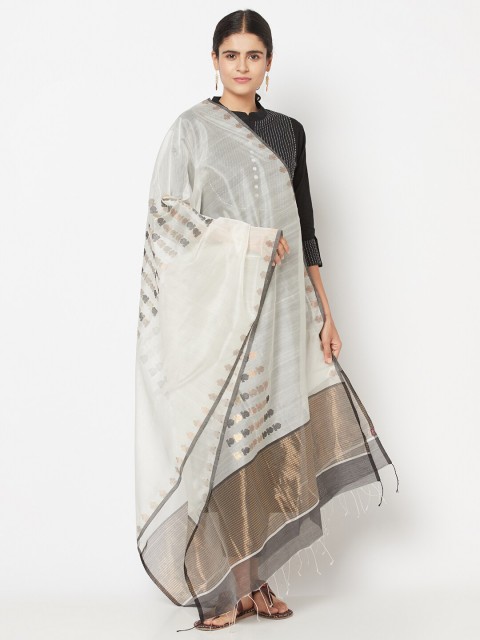

Fabindia White & Gold-Toned Ethnic Motifs Woven Design Cotton Silk Dupatta