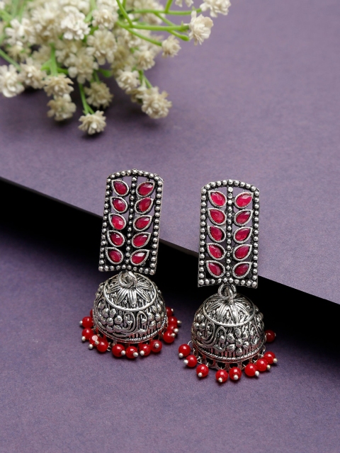 

NEUDIS Silver-Toned & Red Contemporary Oxidised Jhumkas Earrings