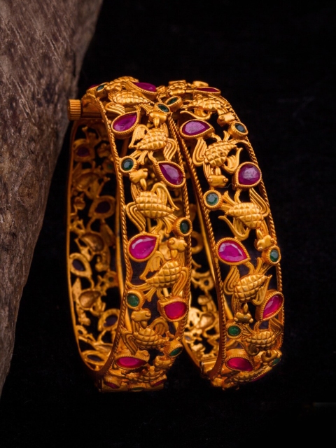 

Alankruthi Women Set Of 2 Gold-Plated Pink & Green Lakshmi Stone-Studded Bangles