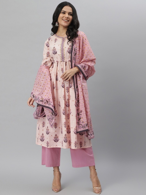 

QOMN Women Peach-Coloured Ethnic Motifs Printed Pure Cotton Kurta with Trousers & With Dupatta