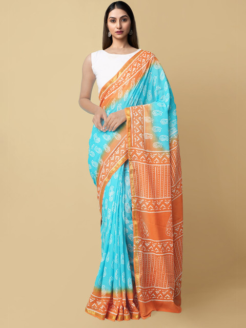

Unnati Silks Turquoise Blue & Orange Ethnic Motifs Zari Pure Cotton Dabu Saree
