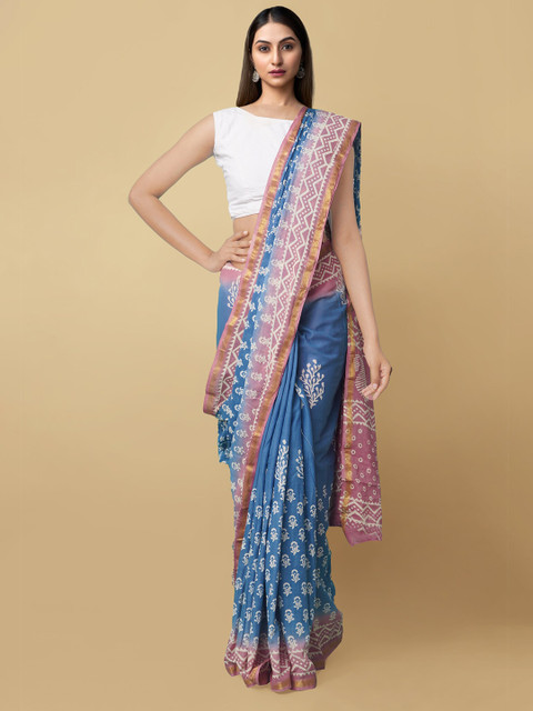 

Unnati Silks Blue & Pink Pure Cotton Hand Block Print Dabu Saree
