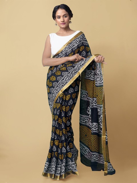 

Unnati Silks Women Black & Yellow Pure Bagru Chanderi Sico Sustainable Saree