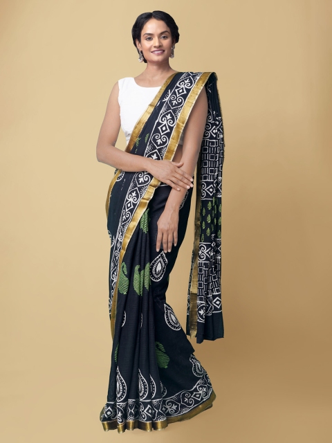 

Unnati Silks Women Black & White Pure Dabu Chanderi Sico Sustainable Saree