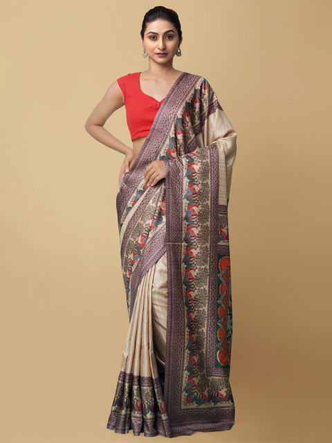 

Unnati Silks Cream-Coloured & Red Art Silk Bagru Saree