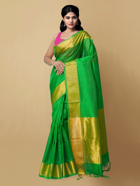 

Unnati Silks Green & Gold-Toned Zari Silk Cotton Dabu Saree