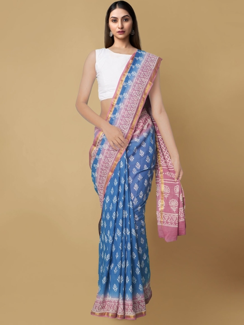 

Unnati Silks Blue & Pink Dabu Pure Cotton Bagru Saree