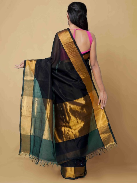 

Unnati Silks Black & Gold-Toned Zari Silk Cotton Kanjeevaram Saree