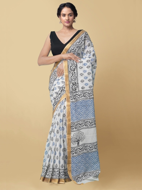 

Unnati Silks White & Black Floral Zari Handloom Pure Cotton Dabu Saree