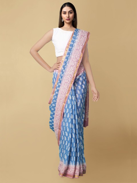 

Unnati Silks Blue & Pink Dabu Zari Pure Cotton Dabu Saree