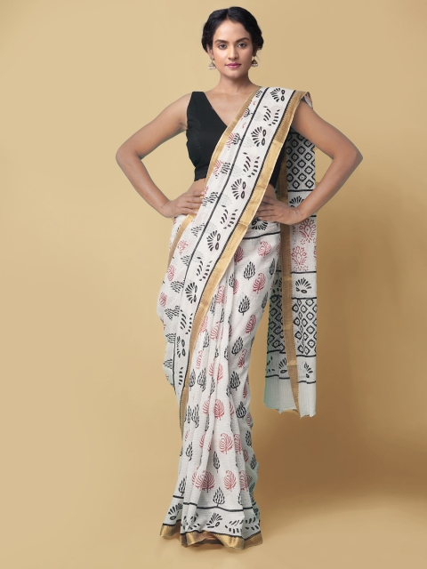

Unnati Silks Women White & Black Pure Bagru Chanderi Sico Sustainable Saree