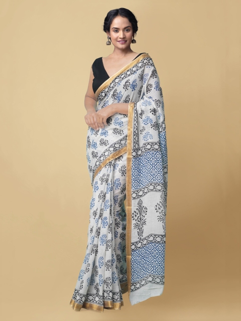 

Unnati Silks White & Blue Dabu Pure Cotton Dabu Saree