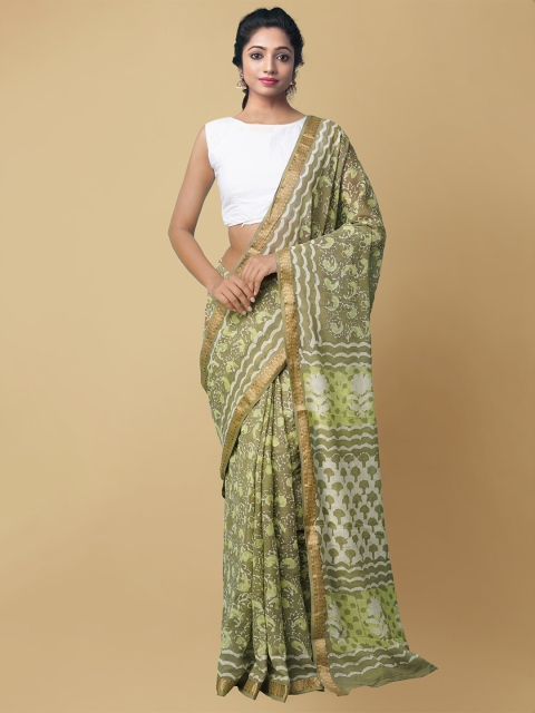 

Unnati Silks Green & White Dabu Zari Pure Cotton Dabu Saree