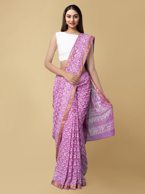 

Unnati Silks Pink & White Dabu Zari Pure Cotton Dabu Saree