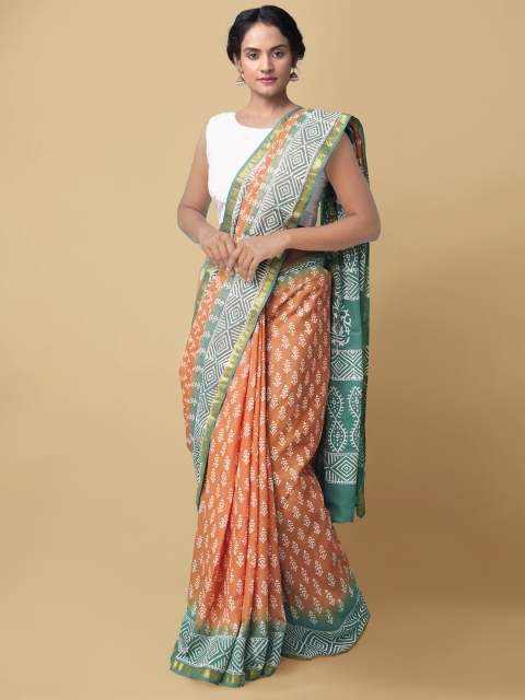 

Unnati Silks Orange & Green Pure Cotton Hand Block Printed Dabu Saree
