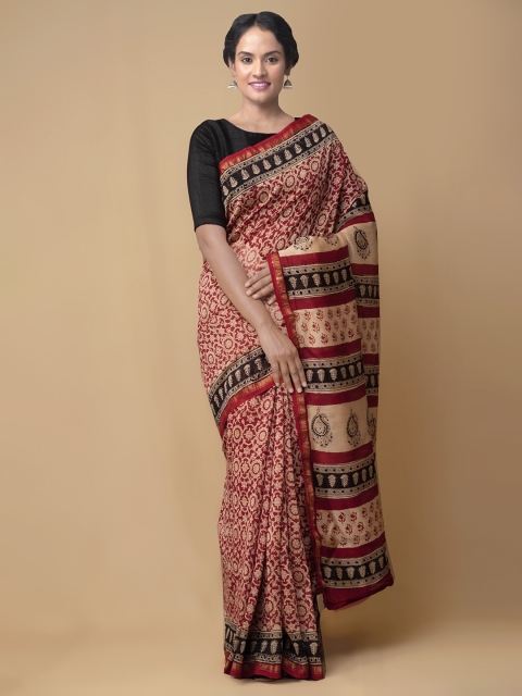

Unnati Silks Women Beige & Multicolor Printed Pure Bagru Silk Cotton Handloom Saree, Red