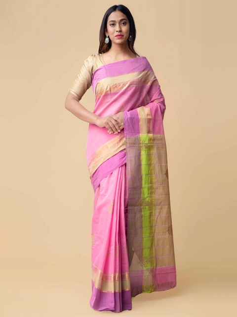 

Unnati Silks Pink & Green Colourblocked Zari Pure Cotton Handloom Mangalagiri Saree