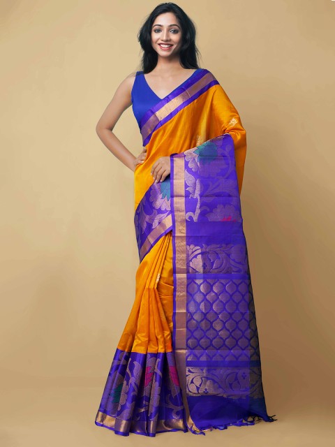 

Unnati Silks Yellow & Blue Woven Design Silk Cotton Kanjeevaram Saree