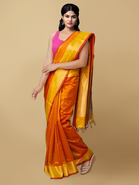 

Unnati Silks Orange & Gold-Toned Zari Silk Cotton Mangalagiri Handloom Saree