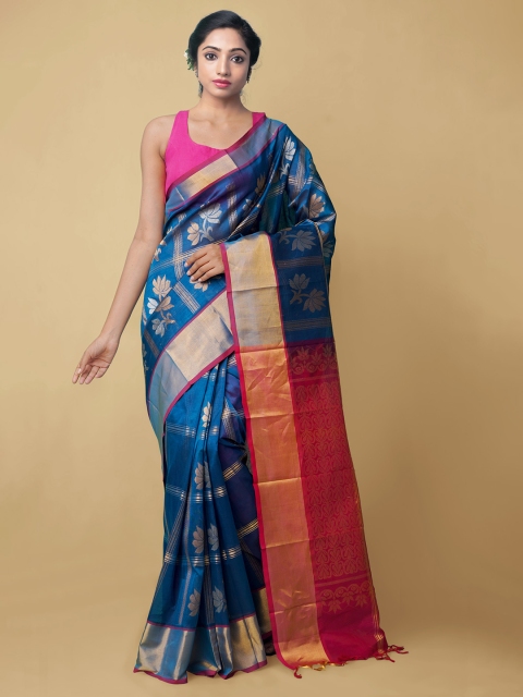 

Unnati Silks Blue & Pink Floral Zari Silk Cotton Mangalagiri Handloom Saree