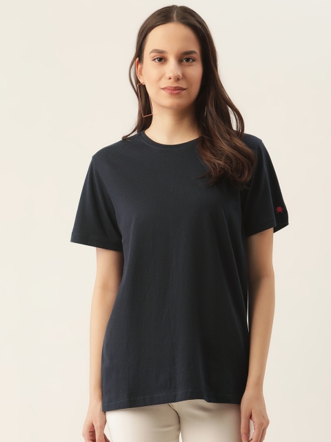 

PRINTOCTOPUS Women Navy Blue Pure Cotton Solid Pure Cotton T-shirt