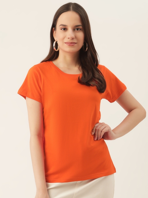 

PRINTOCTOPUS Women Orange Solid Cotton Round Neck T-shirt