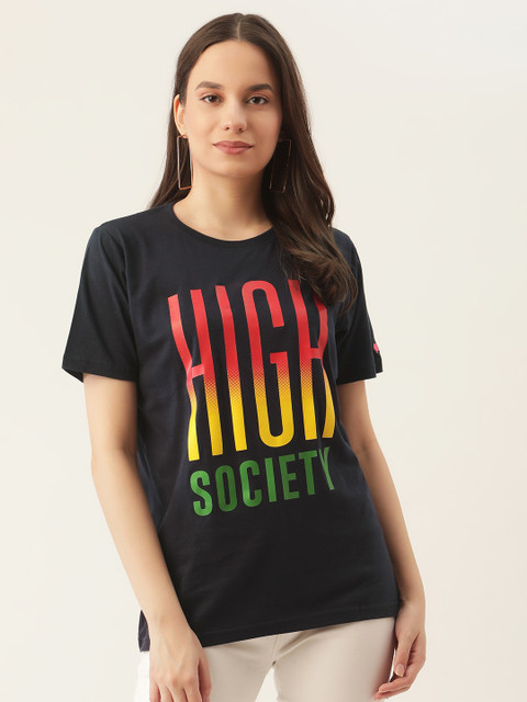 

PRINTOCTOPUS Women Navy Blue & Red Typography Print Solid Cotton Round Neck T-shirt