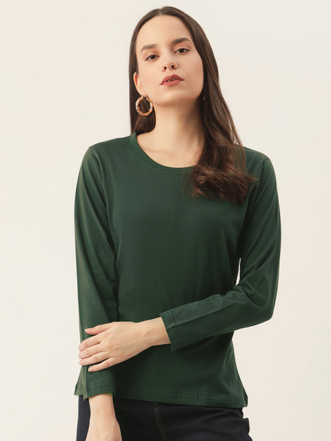

PRINTOCTOPUS Women Olive Green Solid Cotton Round Neck T-shirt