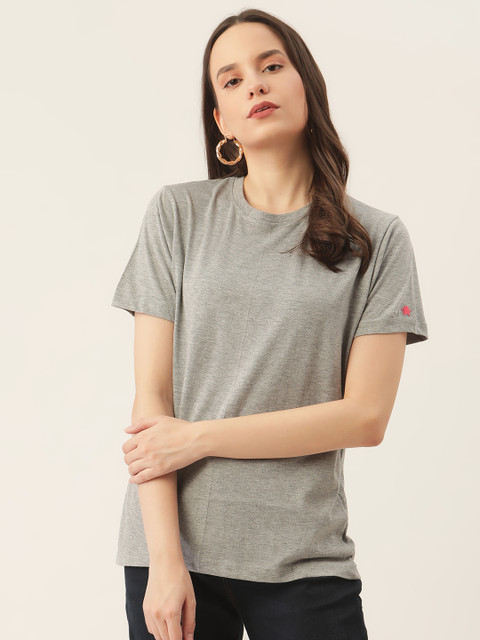 

PRINTOCTOPUS Women Grey Melange Solid Cotton Round Neck T-shirt