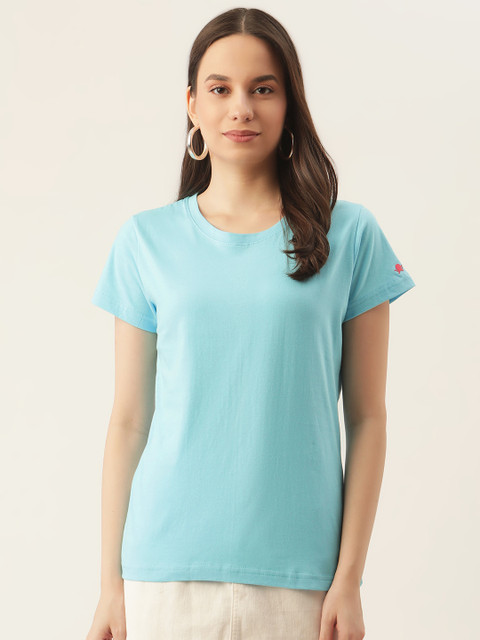 

PRINTOCTOPUS Women Blue Solid Cotton Round Neck T-shirt