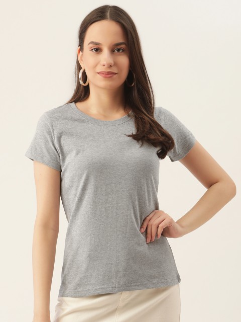

PRINTOCTOPUS Women Grey Melange Solid Cotton Round Neck T-shirt