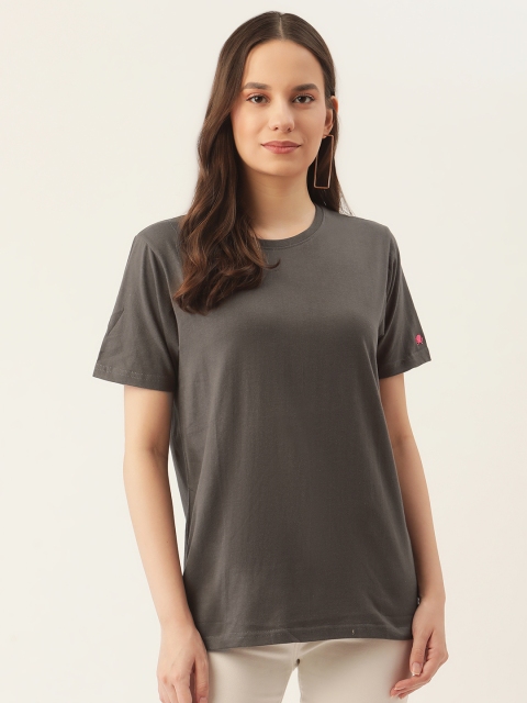 

PRINTOCTOPUS Women Charcoal Grey Solid Cotton Round Neck T-shirt