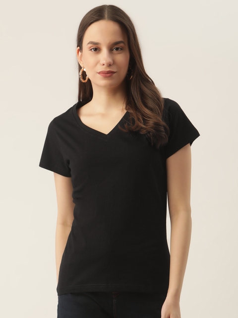 

PRINTOCTOPUS Women Black Solid Cotton V-Neck T-shirt