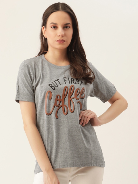 

PRINTOCTOPUS Women Grey Melange & Black Cotton Typography Print T-shirt