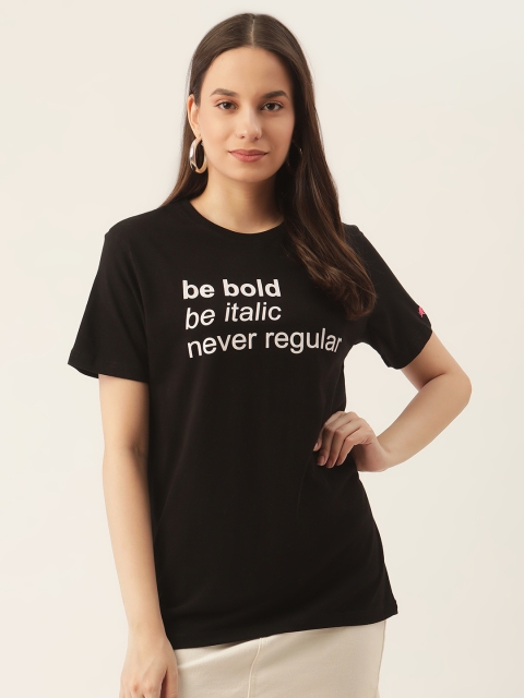 

PRINTOCTOPUS Women Black Typography Printed Pure Cotton T-shirt