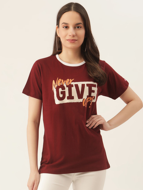 

PRINTOCTOPUS Women Maroon Typography Printed Pure Cotton T-shirt