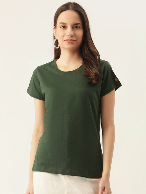 

PRINTOCTOPUS Women Green Solid Pure Cotton T-shirt