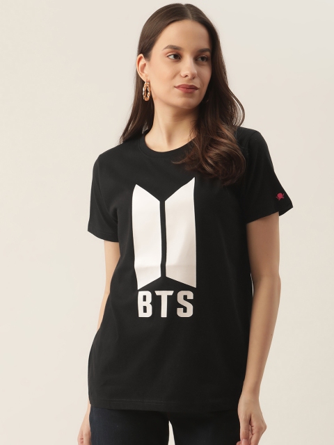 

PRINTOCTOPUS Women Black Pure Cotton BTS KPOP Print T-shirt