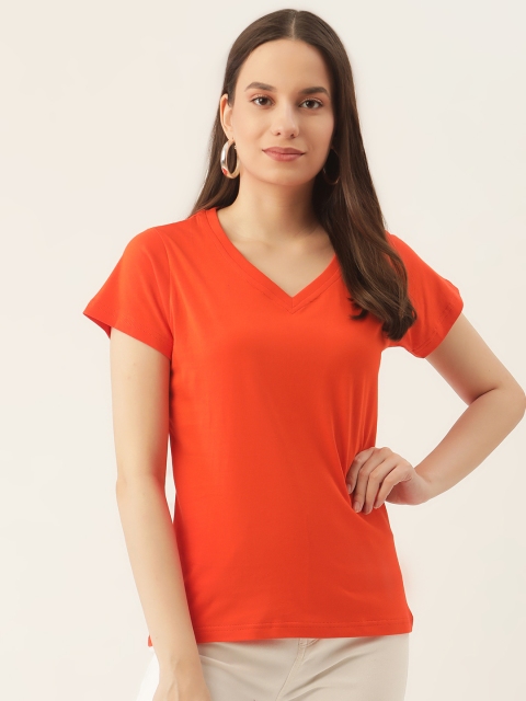 

PRINTOCTOPUS Women Orange Solid V-Neck Pure Cotton T-shirt