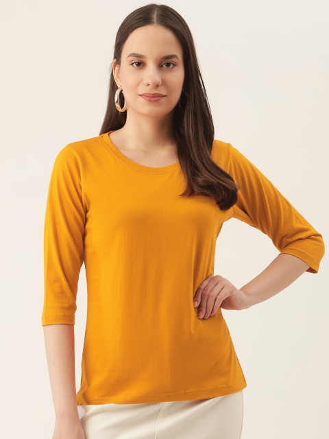 

PRINTOCTOPUS Women Mustard Orange Solid Pure Cotton T-shirt