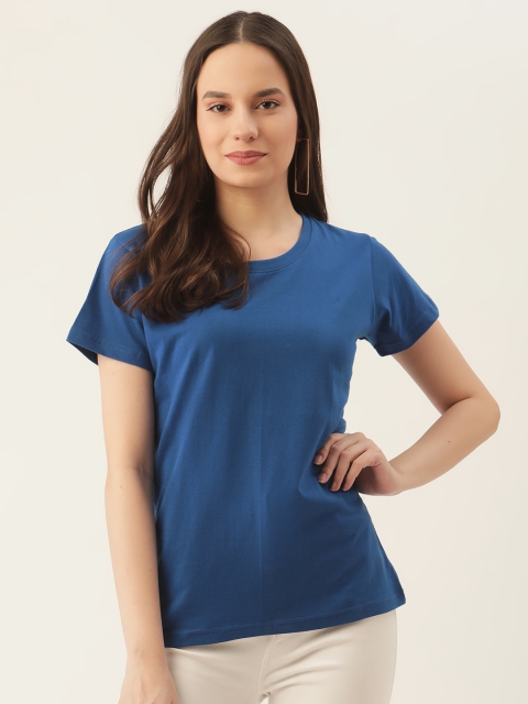 

PRINTOCTOPUS Women Blue Solid Pure Cotton T-shirt