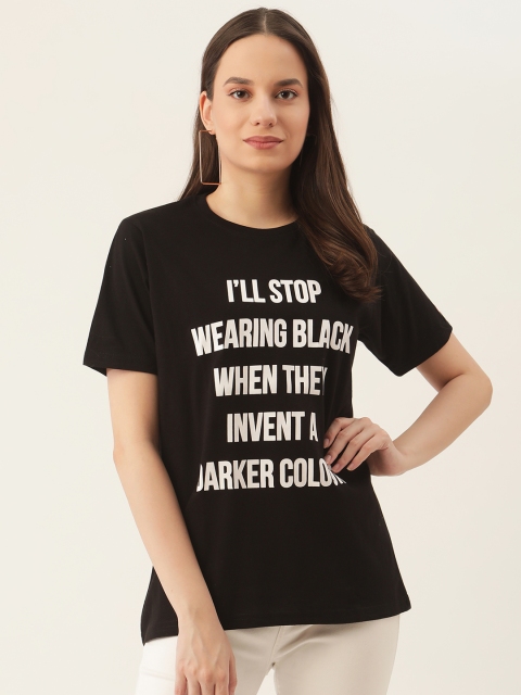 

PRINTOCTOPUS Women Black & White Typography Print Pure Cotton T-shirt