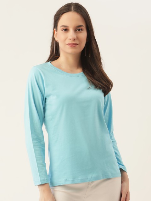 

PRINTOCTOPUS Women Blue Solid Pure Cotton T-shirt