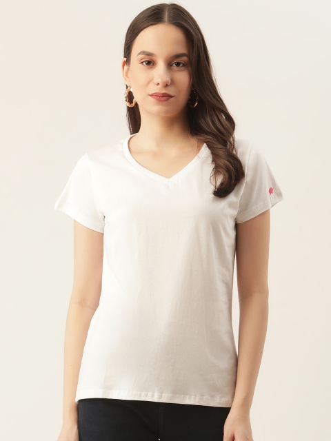 

PRINTOCTOPUS Women White Pure Cotton Solid V-Neck T-shirt