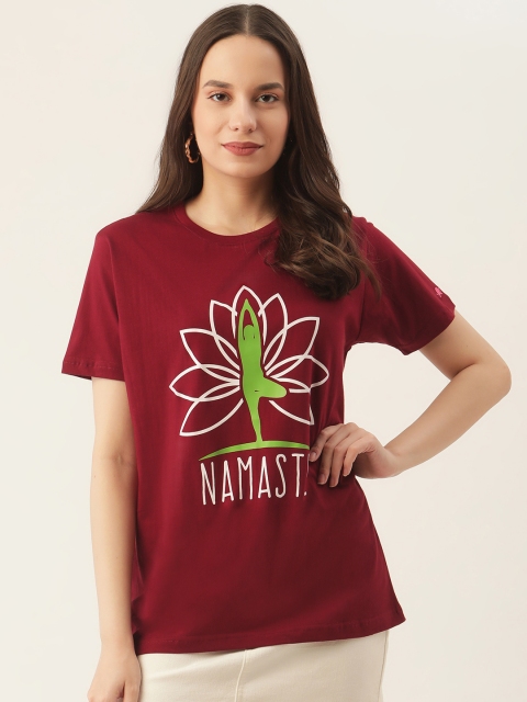 

PRINTOCTOPUS Women Maroon & White Pure Cotton Printed T-shirt